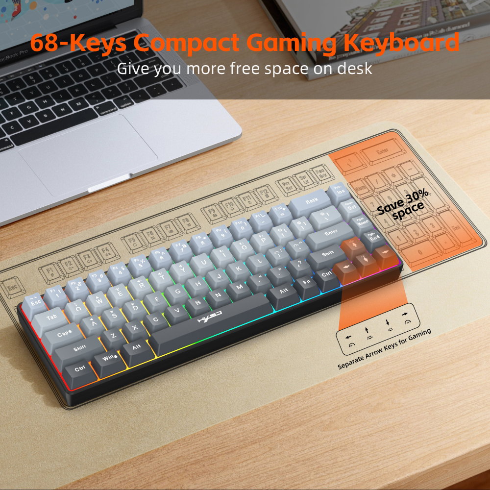 68-key tri-mode wireless Bluetooth membrane gaming keyboard with conflict-free 25 keys, suitable for desktops and laptops, ideal for gamers.